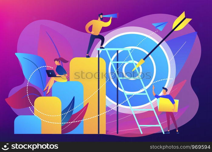 Businessman on top looks into telescope and employees. Business opportunity, bizopp and franchising, distribution concept on ultraviolet background. Bright vibrant violet vector isolated illustration. Business opportunity concept vector illustration.