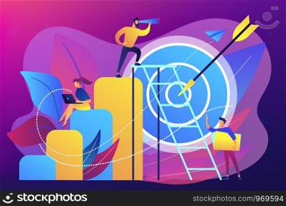 Businessman on top looks into telescope and employees. Business opportunity, bizopp and franchising, distribution concept on ultraviolet background. Bright vibrant violet vector isolated illustration. Business opportunity concept vector illustration.