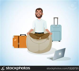 Businessman on Trip or Traveling Freelancer Comfortably Meditating while Sitting in Bean Bag Chair while Waiting for Flight Cartoon Vector Illustration. Relax in Road, Stress Relief Strength Recovery