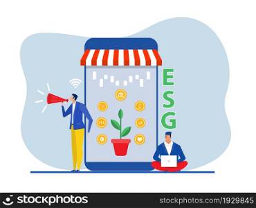 Businessman online shop promotion ESG or ecology problem,Environmental, Social concept with marketing announce vector illustrator