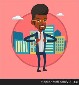 Businessman opening his jacket like superhero on the background of city. Businessman superhero. Concept of power of a businessman. Vector flat design illustration in the circle isolated on background.. Business man opening his jacket like superhero.