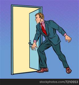 businessman opens the door. Pop art retro vector stock illustration drawing. businessman opens the door