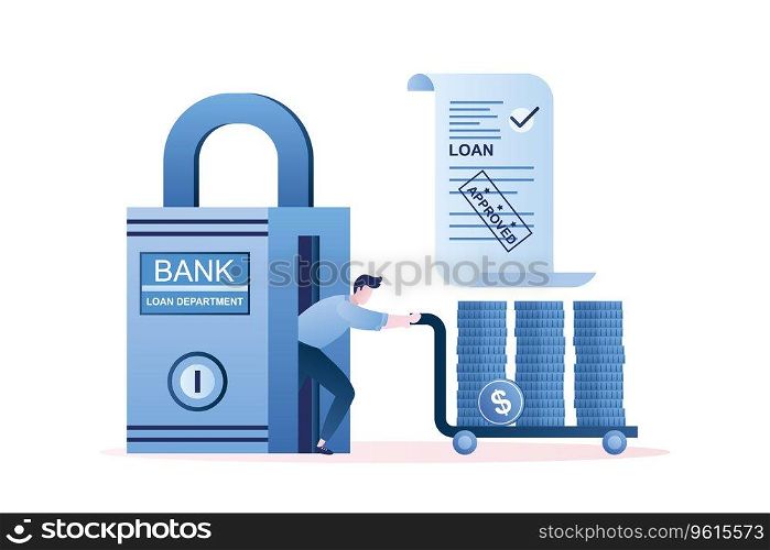 Businessman or bank clerk rolls a cart with stacks of money from the bank. Loan agreement paper with st&approved on background. Trendy style vector illustration
