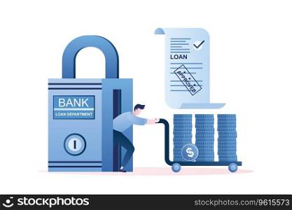Businessman or bank clerk rolls a cart with stacks of money from the bank. Loan agreement paper with st&approved on background. Trendy style vector illustration