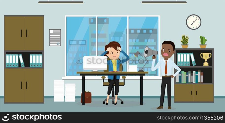 Businessman or boss shouts in megaphone on tired office woman,relationship in the workplace,interior with furniture,flat vector illustration