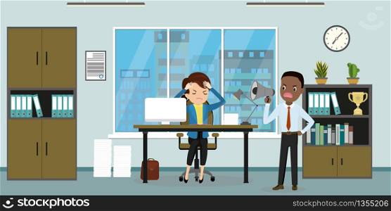 Businessman or boss shouts in megaphone on tired office woman,relationship in the workplace,interior with furniture,flat vector illustration