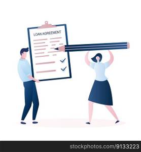 Businessman or clerk manager with loan agreement paper and businesswoman with big pencil write signature. Loan concept background. Vector illustration in trendy style.