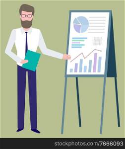 Businessman or executive manager makes report pointing on graphs and charts. Business education, male near board with clipboard in hands, vector guy. Businessman or Executive Manager Makes Report