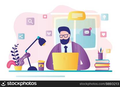 Businessman or freelancer at home office. Remote work, performance of tasks sent by email or social media. Male employee use laptop. E-learning concept.Coronavirus quarantine.Flat Vector illustration