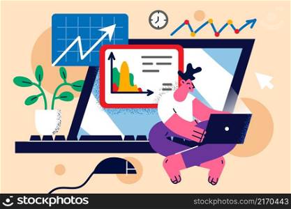 Businessman or freelancer work from home office online on computer, consider graphs and charts. Male employee trade sell on stock exchange on laptop. Freelance concept. Vector illustration. . Freelancer work on computer trade online