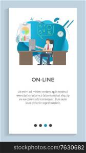 Businessman or manager do handshake with hand through monitor. Online office worker do virtual business interaction with partners in internet. Website or app slider. Vector illustration in flat style. Online Communication and Interaction Poster Text