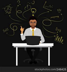 Businessman or office worker sitting at the computer,finance idea concept with doodle signs,vector illustration. Businessman or office worker sitting at the computer