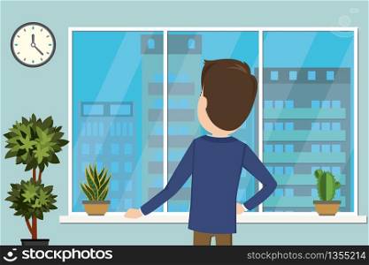 Businessman or office worker standing by the window,character back view,flat vector illustration