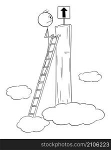 Businessman or person climbing on top, but it is not high enough, vector cartoon stick figure or character illustration.. Person or Businessman Climbing on the Top, But It Is not High Enough, Vector Cartoon Stick Figure Illustration