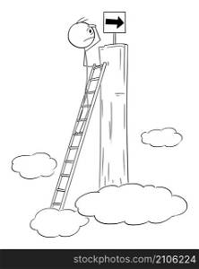 Businessman or person climbing on top, but success is elsewhere, vector cartoon stick figure or character illustration.. Person or Businessman Climbing on the Top, But Success is Elsewhere, Vector Cartoon Stick Figure Illustration