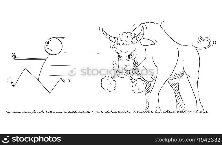 Businessman or person running away from angry dangerous bull,financial market, rising prices, vector cartoon stick figure or character illustration.. Person or Businessman Running Away in Panic from Dangerous Angry Bull, Financial Market Concept, Vector Cartoon Stick Figure Illustration