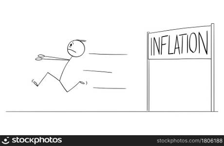 Businessman or person running in panic and fear from inflation sign, financial and money value crisis, vector cartoon stick figure or character illustration.. Person or Businessman Running in Fear and Panic from Inflation Sign, Vector Cartoon Stick Figure Illustration
