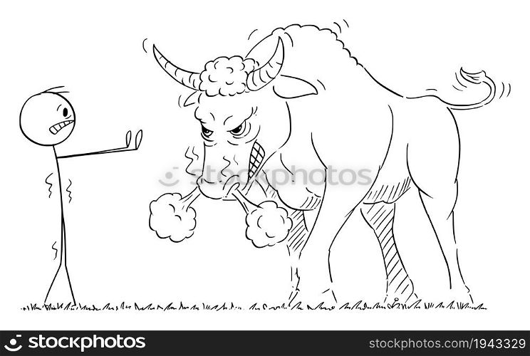 Businessman or person watching in shock angry dangerous bull,financial market, rising prices, vector cartoon stick figure or character illustration.. Person or Businessman Watching Dangerous Angry Bull, Financial Market Concept, Vector Cartoon Stick Figure Illustration
