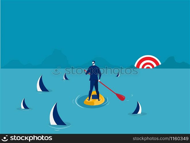 businessman paddle boarding in the suit with island surrounded by sharks. vector