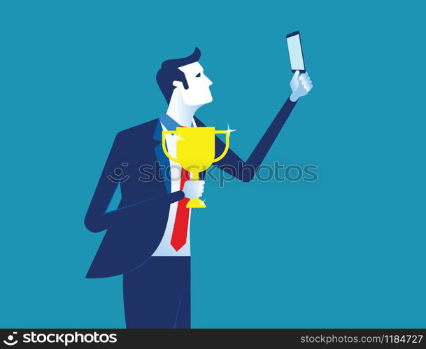 Businessman photograph with a trophy. Concept business vector illustration.