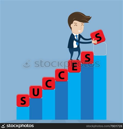 Businessman places cube lettering success word on stairway. Vector illustration for success concept.&#xA;