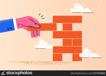 Businessman play jenga game. Male employee or worker involved in risky company business project or deal. Career risk and management. Flat vector illustration, cartoon character. . Businessman play jenga game risk in business project