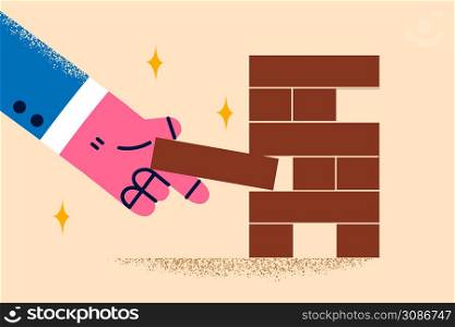 Businessman play jenga take brick from stack. Playful man have fun with wooden block game. Male employee take risk at work involved in challenge activity. Mind and brain training. Vector illustration.. Man play jenga block wooden game