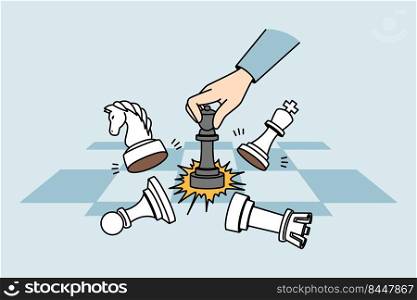 Businessman playing chess on chessboard. Concept of business strategy and planning. Gambit utter and victory. Vector illustration.. Businessman playing chess
