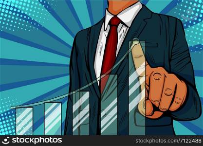 Businessman pointing arrow graph corporate future growth plan. Business concept of development to success and growing growth. Vector illustration in pop art retro comic style