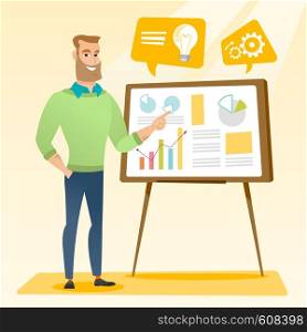 Businessman pointing at charts on board during business presentation. Caucasian businessman giving business presentation. Business presentation concept. Vector flat design illustration. Square layout.. Businessman giving business presentation.