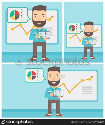 Businessman pointing at the charts on laptop screen. Man presenting report with a laptop on the background of board with graph. Vector flat design illustration. Square, horizontal, vertical layouts.. Businessman presenting report on a laptop.