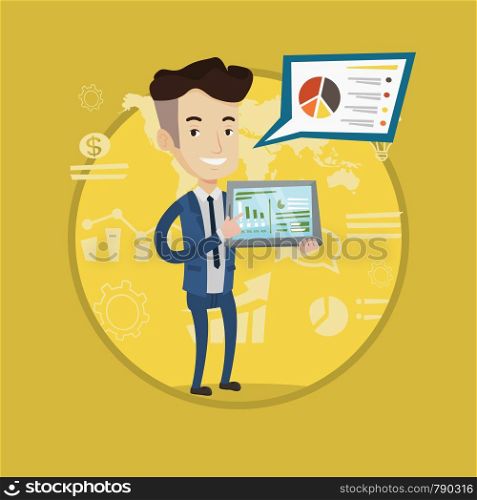 Businessman pointing at the charts on tablet computer screen. Young caucasian businessman presenting report on a digital tablet. Vector flat design illustration in the circle isolated on background.. Businessman presenting report on tablet computer.