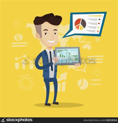Businessman pointing at the charts on tablet computer screen. Young businessman presenting report with a digital tablet on a background of graphs. Vector flat design illustration. Square layout.. Businessman presenting report on tablet computer.