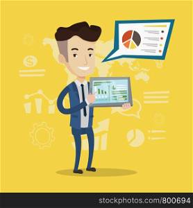 Businessman pointing at the charts on tablet computer screen. Young businessman presenting report with a digital tablet on a background of graphs. Vector flat design illustration. Square layout.. Businessman presenting report on tablet computer.