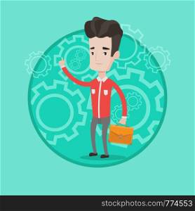 Businessman pointing finger up because he came up with business idea. Businessman having business idea. Business idea concept. Vector flat design illustration in the circle isolated on background.. Successful business idea vector illustration.