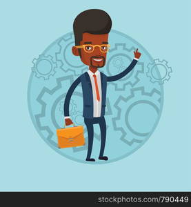 Businessman pointing finger up because he came up with business idea. Businessman having business idea. Business idea concept. Vector flat design illustration in the circle isolated on background.. Successful business idea vector illustration.