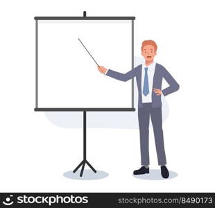 Businessman pointing on blank Board for presentation. Young Businessman in Business Suit with Tie. Flat vector illustration.