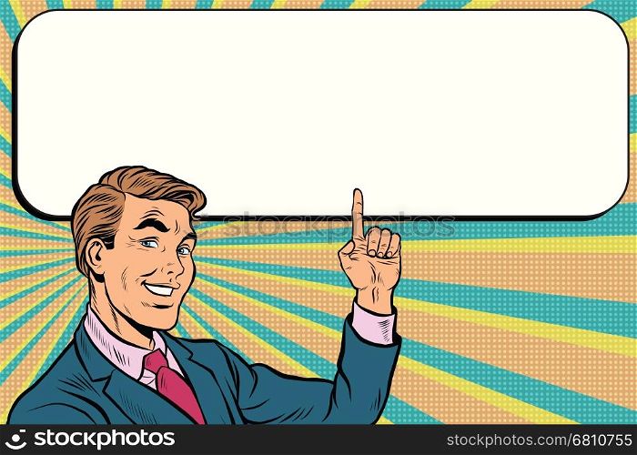 Businessman points up to copy space background, pop art retro vector. Beautiful promo man