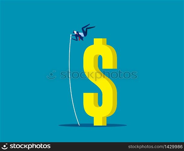 Businessman pole vaulting at dollar sign. Concept business vector, Conquering adversity, Jumping.. Businessman pole vaulting at dollar sign. Concept business vector, Conquering adversity, Jumping.