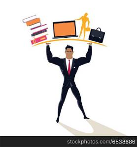 Businessman Posing as Telamon.. Businessman posing as telamon. Professional support concept design flat style. Business professional support, work success, consultant man hand help, businessman organization management and occupation