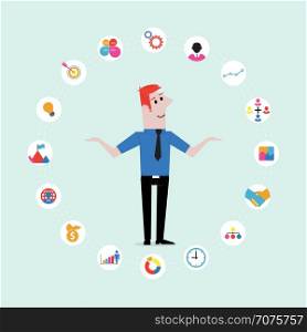 Businessman present business icons.Businessman juggling business icons.Concept business vector illustration