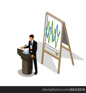 Businessman presentation at podium with schedule on poster. Person in business suit with name badge stands behind podium with two microphones, paper with text and bottle of water vector illustration. Businessman Presentation at Podium with Schedule