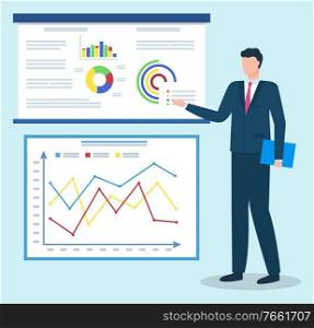 Businessman presenting data graphics on appointment. Man stand near statistics chart with company information on board. Manager in suit show strategy plan on report. Vector illustration in flat style. Manager on Business Meeting, Data Graphic on Board