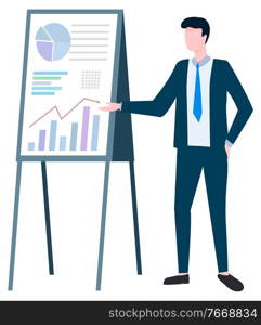 Businessman presenting new concept in business vector, isolated character with data and analysis. Stats and planning strategy of company organization. Presentation on Whiteboard Businessman with Data