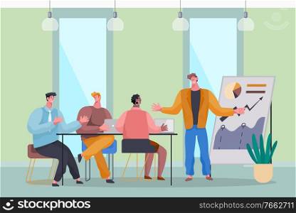 Businessman presenting new projects or statistics on meeting. Seminar and teaching of new employees. Boss giving presentation on board for colleagues or business partners. Vector in flat style. Presentation of Business Plan on Seminar Meeting