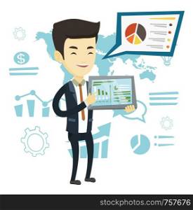 Businessman presenting report with a digital tablet on the background of graphs. Businessman pointing at charts on tablet computer screen. Vector flat design illustration isolated on white background.. Businessman presenting report on tablet computer