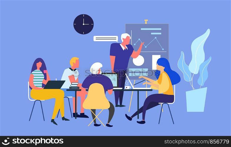 businessman presenting to colleagues at a meeting. Flat style vector design illustrations.