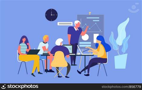 businessman presenting to colleagues at a meeting. Flat style vector design illustrations.