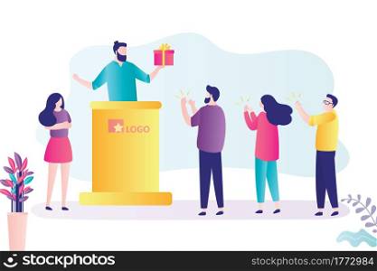 Businessman presents new product to colleagues. Male character holds gift box. Concept of marketing, business conference and target audience. Group people listening to speaker.Flat vector illustration. Businessman presents new product to colleagues. Male character holds gift box. Concept of marketing, business conference and target audience
