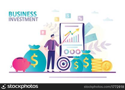 Businessman presents new strategy and statistics.Analytics and diagrams. Concept investment and budget planning.Banner on business theme. Piggy bank, stack coins and money bag.Flat vector illustration. Businessman presents new strategy and statistics.Analytics and diagrams. Concept investment and budget planning